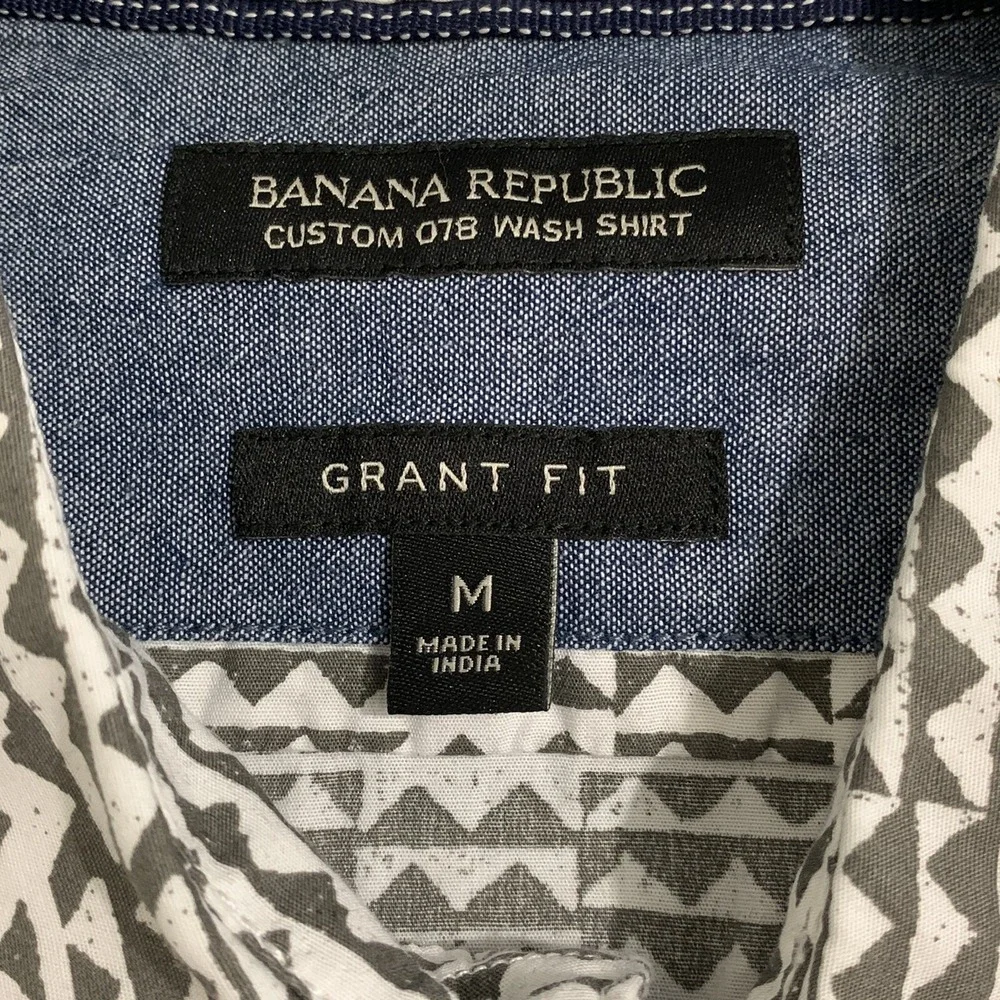 Banana Republic Shirt Mens Medium Gray White Pattern Print Button Long Sleeve